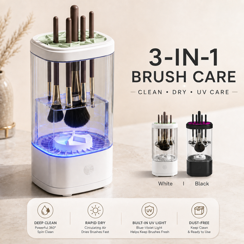 Nuvie 3-in-1 automatic makeup brush cleaner and dryer in white and black