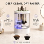 Nuvie makeup brush cleaner showing spin cleaning and air drying