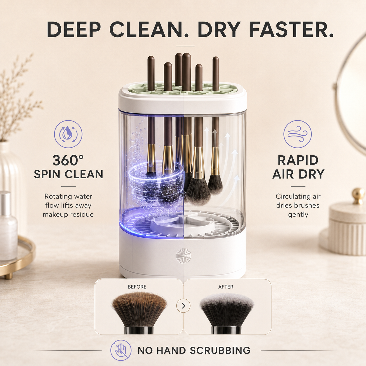 Nuvie makeup brush cleaner showing spin cleaning and air drying