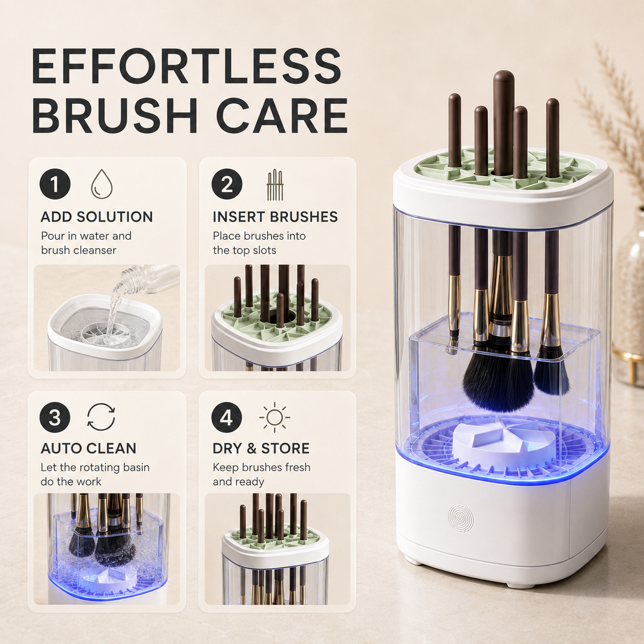 Four-step guide for using the Nuvie makeup brush cleaner