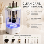 Nuvie brush cleaner with built-in blue-violet light and enclosed storage